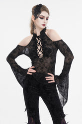Black Off Shoulder Flared Sleeved Lace Mesh Women's Gothic Shirt